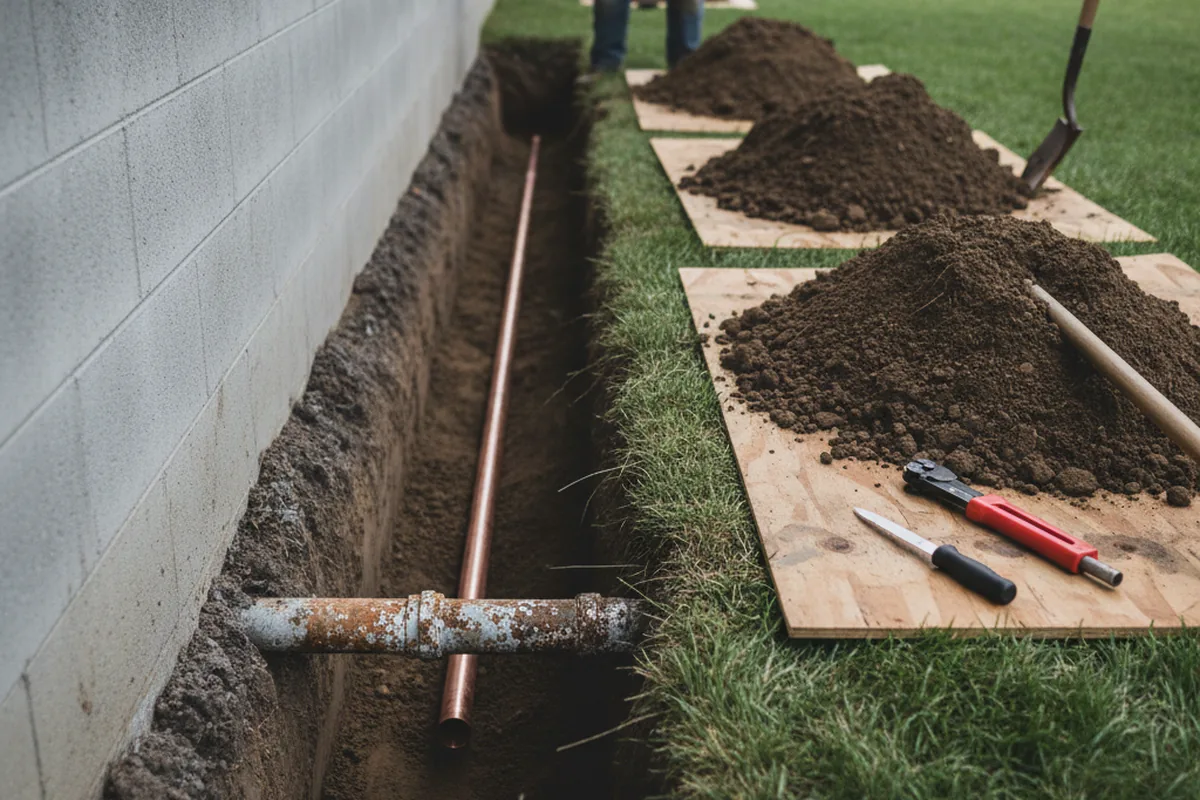Excavated water line trench during Water Heater Repair in Edison
